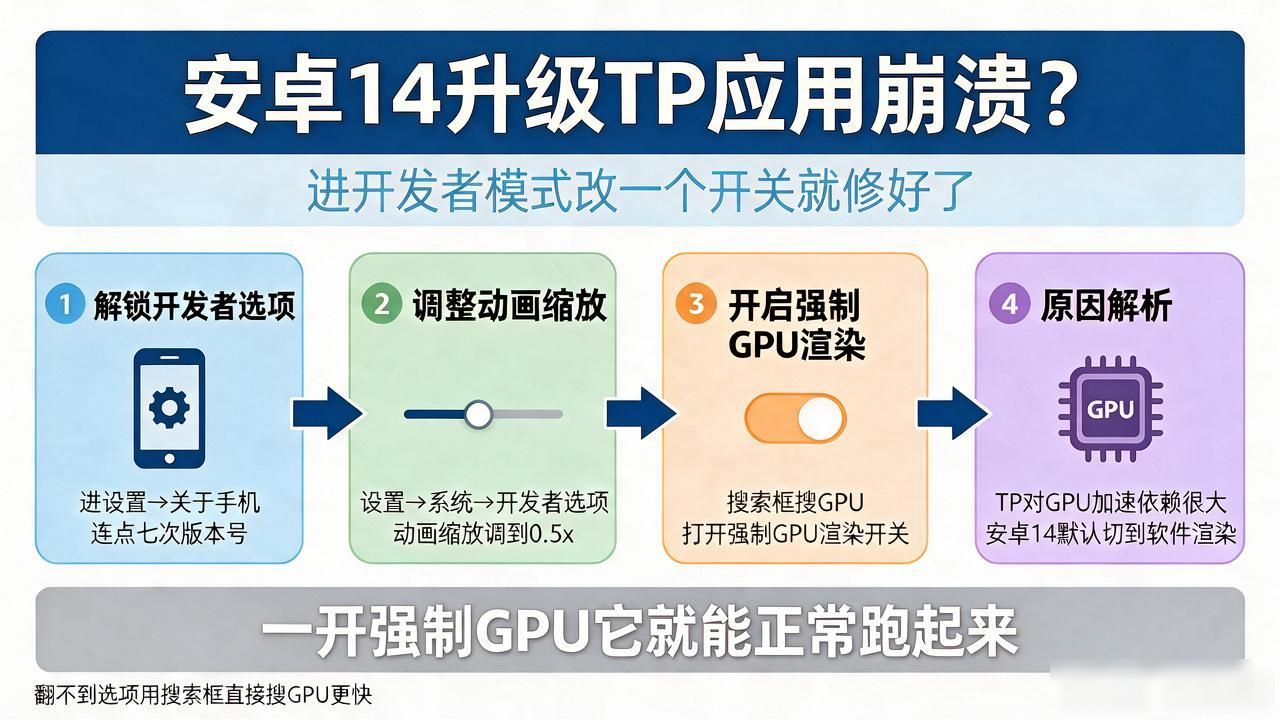 安卓14TP应用闪退_安卓14升级后tp应用崩溃?开发者模式强制兼容性设置教程!_开发者模式修复TP闪退